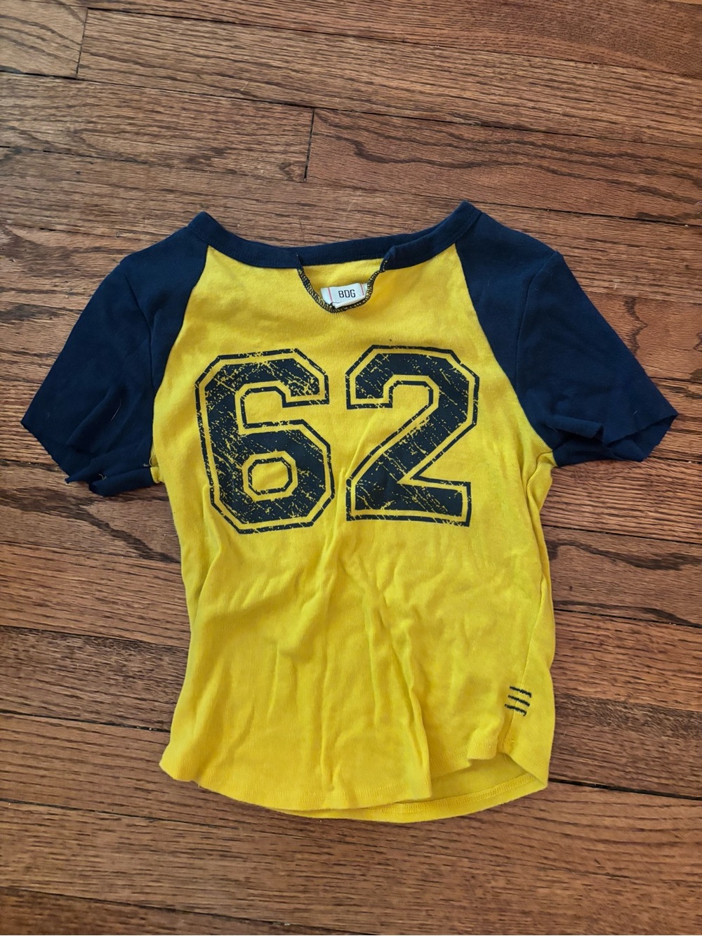 BDG Yellow and Navy Raglan Tee with Distressed 62 Graphic
